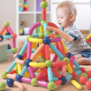 Brinquedo de Encaixar Bloco Magnético Infantil Blocos de Montar 68 Peças Coloridas Brinquedo Educativo Construção Brastoy