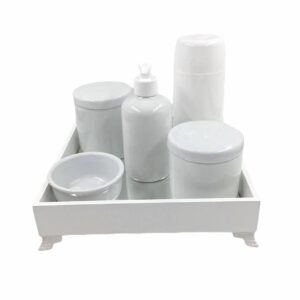 Kit Higiene Bebê Porcelana Garrafa Bandeja Mdf 6pçs