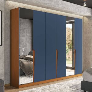 Guarda-Roupa Casal Porto 6 Portas 4 Gavetas com Espelho Freijó/Azul - Politorno