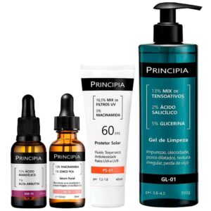 Principia Kit - Sérum Anti-idade + Gel de Limpeza Facial + Sérum Ácido Mandélico + Protetor Solar Facial
